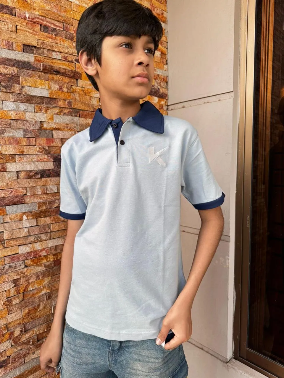 Polo Shirt Light Blue With Navy Blue Collar