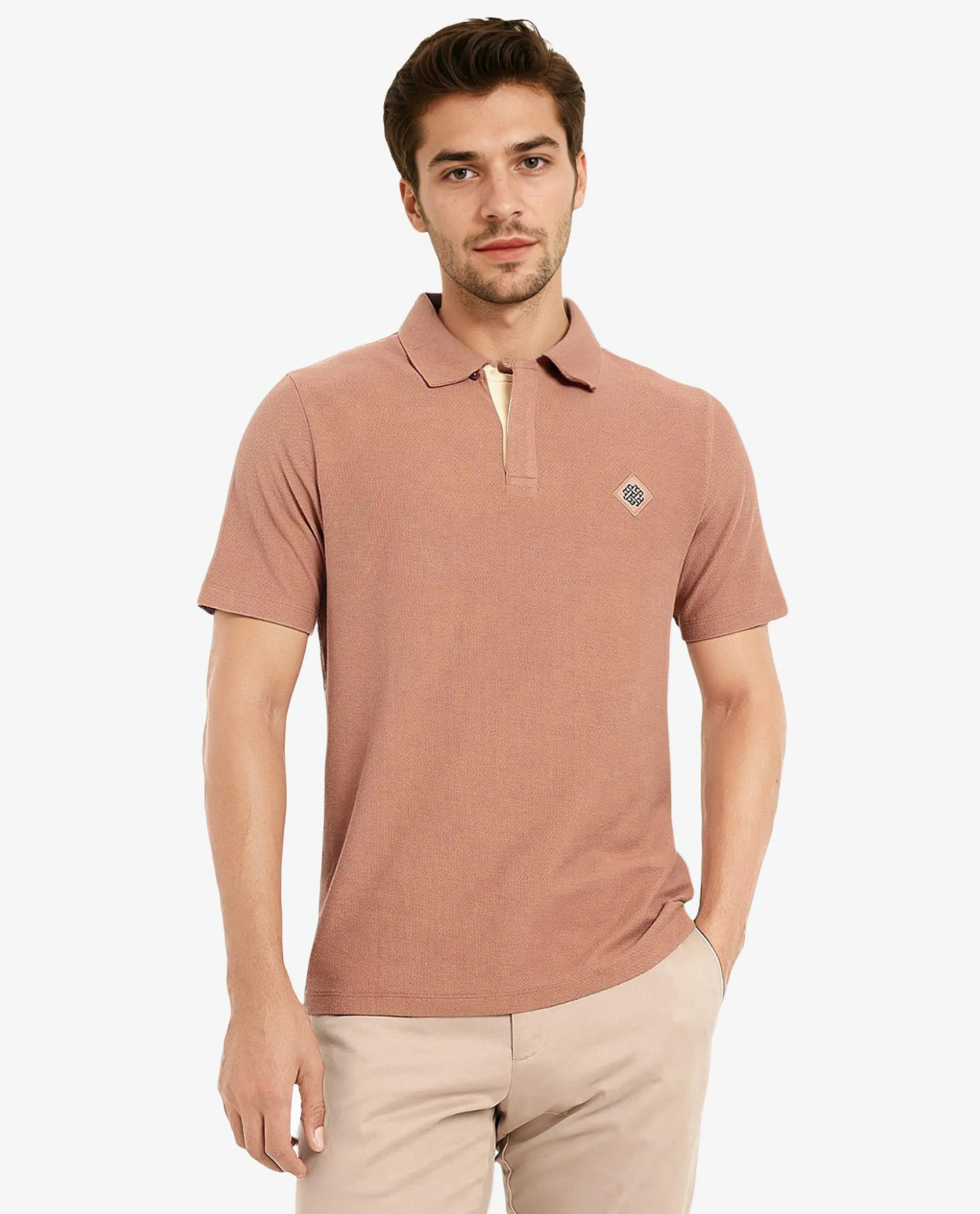 Rare Rabbit Men's Charles Dusky Orange Cotton Fabric Short Sleeve Regular Fit Plain Knitted Polo T-Shirt
