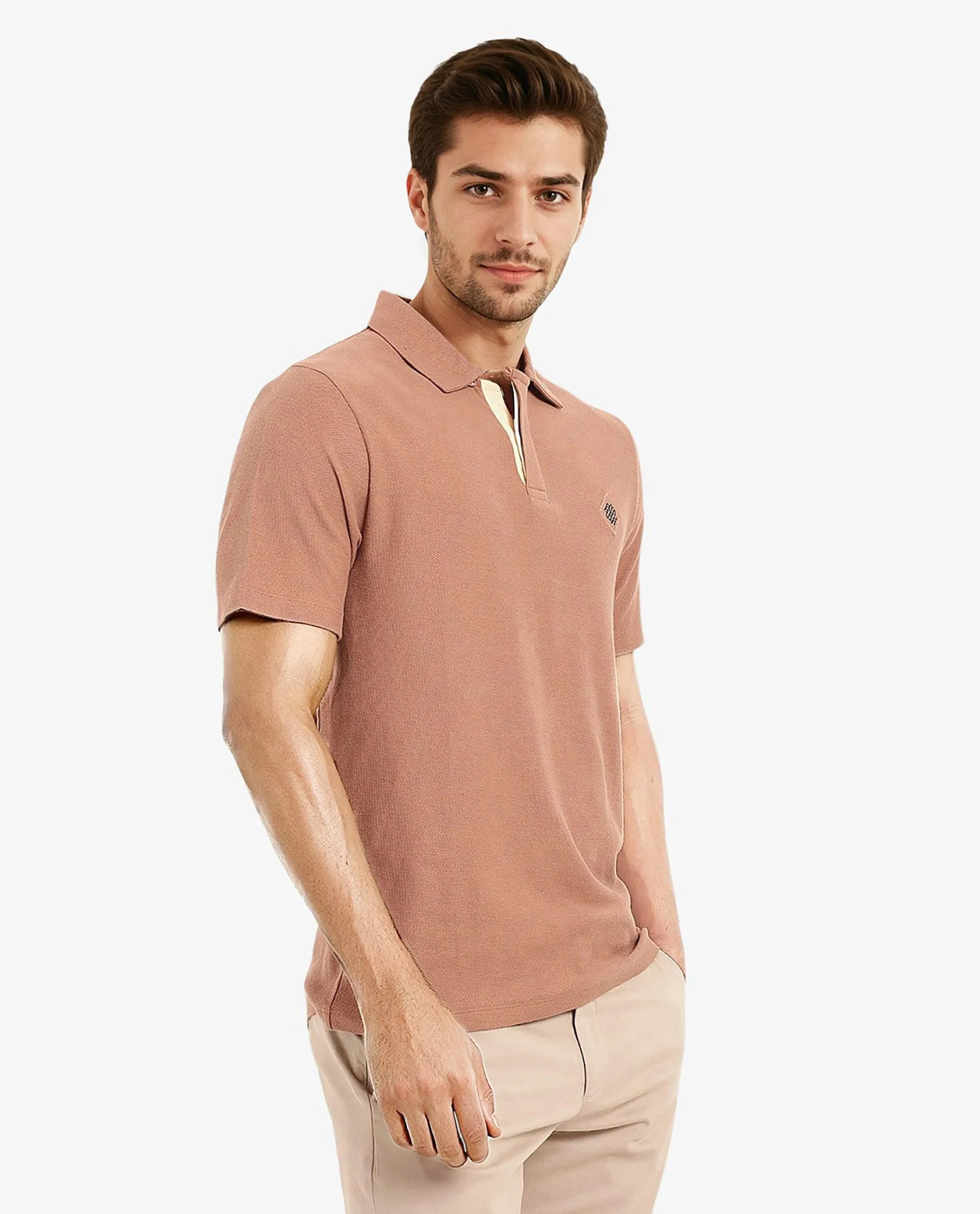 Rare Rabbit Men's Charles Dusky Orange Cotton Fabric Short Sleeve Regular Fit Plain Knitted Polo T-Shirt