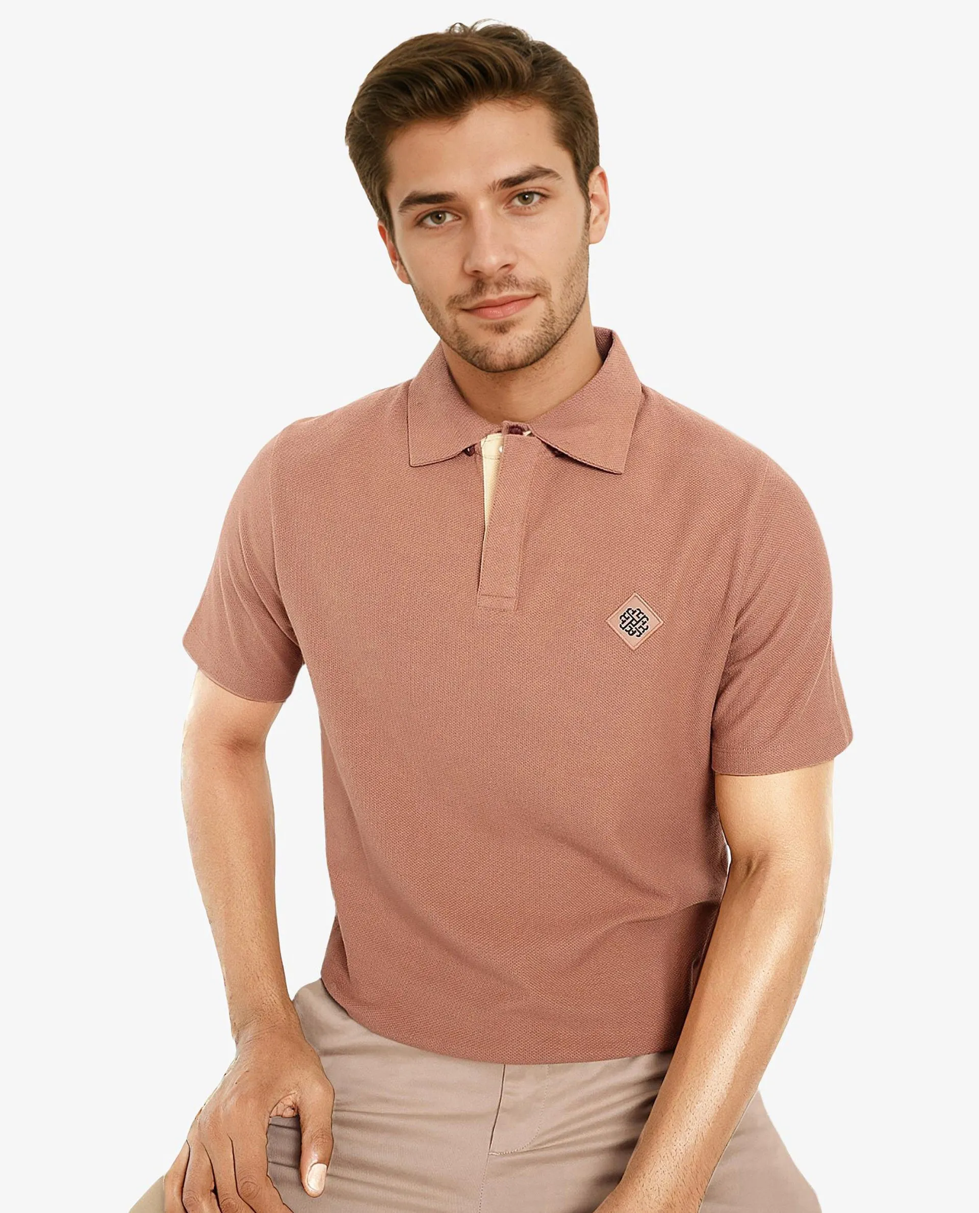 Rare Rabbit Men's Charles Dusky Orange Cotton Fabric Short Sleeve Regular Fit Plain Knitted Polo T-Shirt