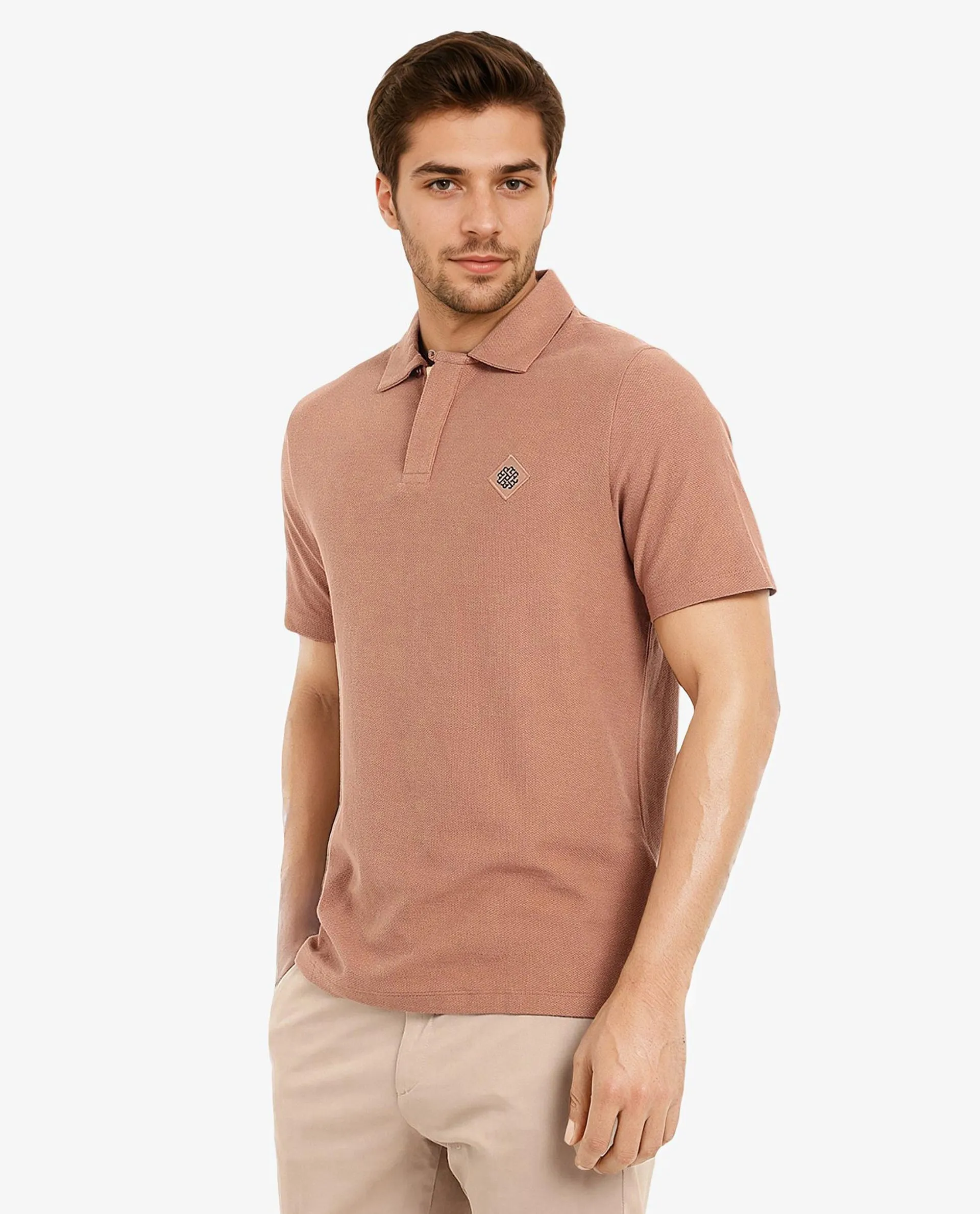 Rare Rabbit Men's Charles Dusky Orange Cotton Fabric Short Sleeve Regular Fit Plain Knitted Polo T-Shirt