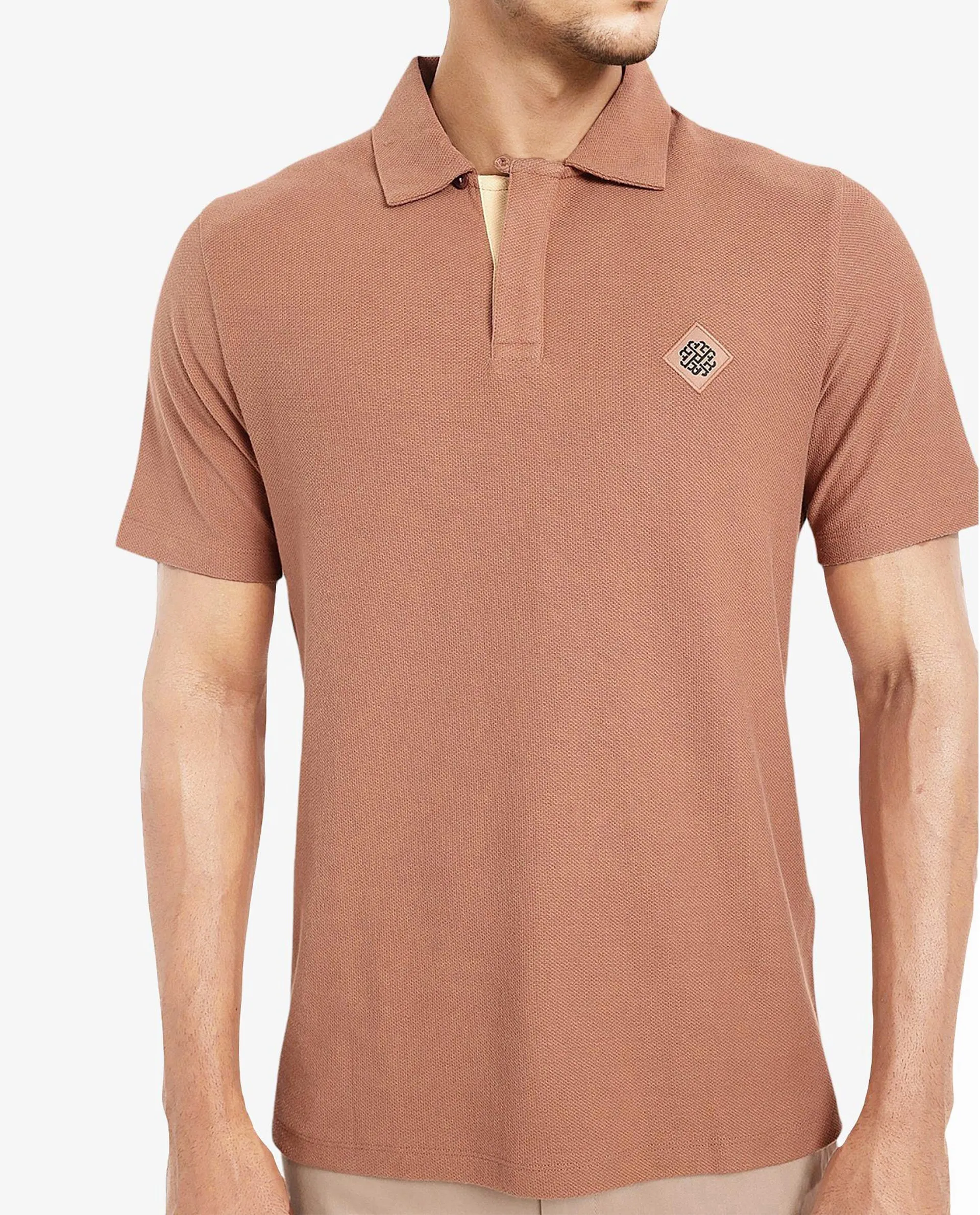 Rare Rabbit Men's Charles Dusky Orange Cotton Fabric Short Sleeve Regular Fit Plain Knitted Polo T-Shirt