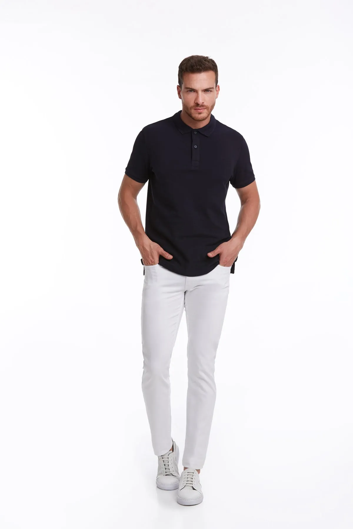 Regular Fit Navy Cotton Blend Polo T-Shirt