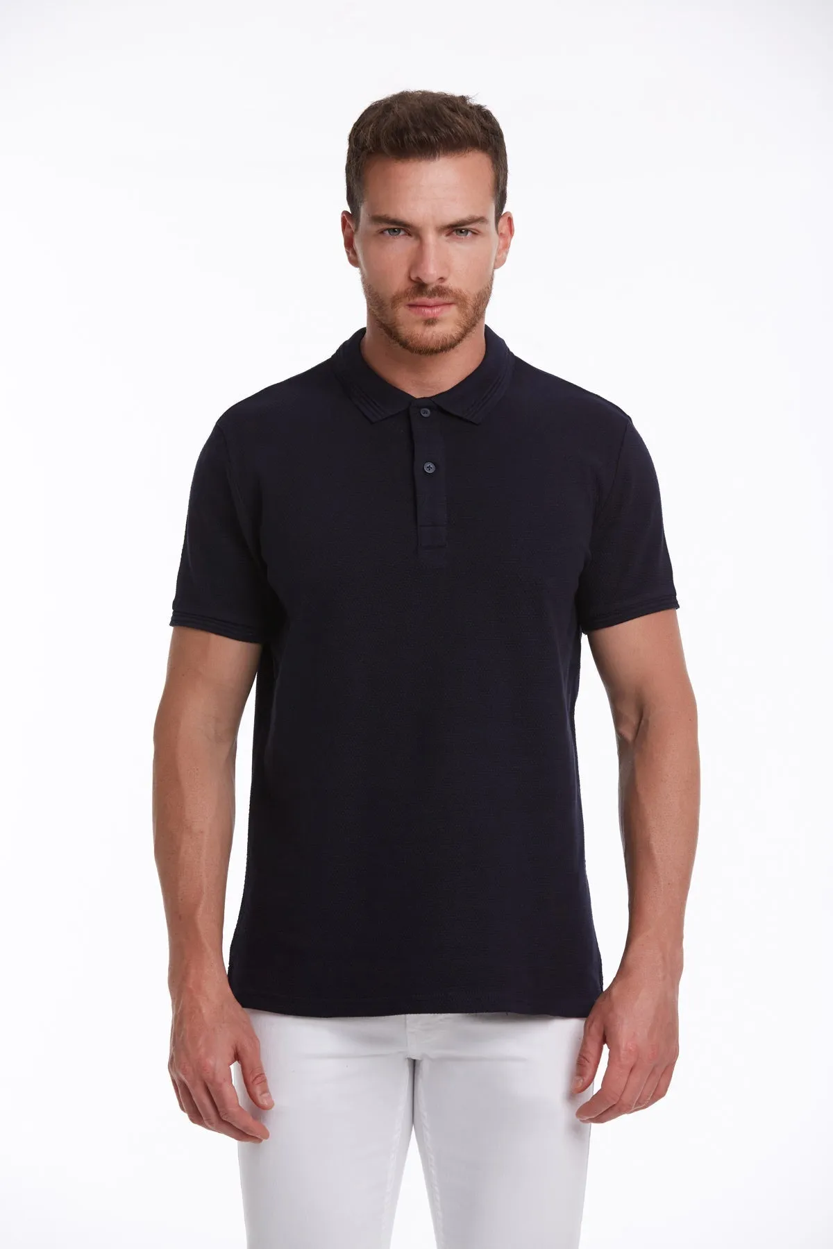Regular Fit Navy Cotton Blend Polo T-Shirt