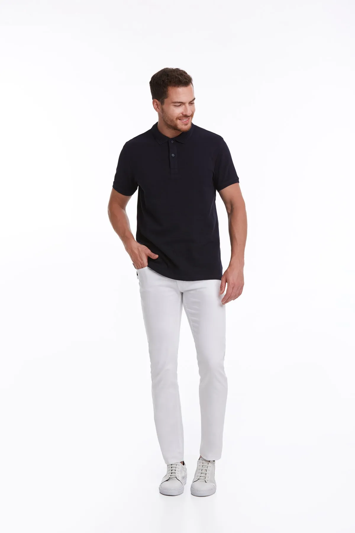 Regular Fit Navy Cotton Blend Polo T-Shirt