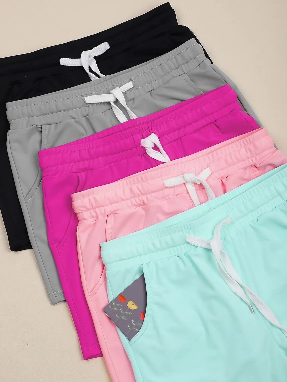 Resinta 5 Pack Youth Girls Quick Dry Active Shorts Athletic Shorts Running Shorts with Drawstring Pocket for Gym Workout Yoga