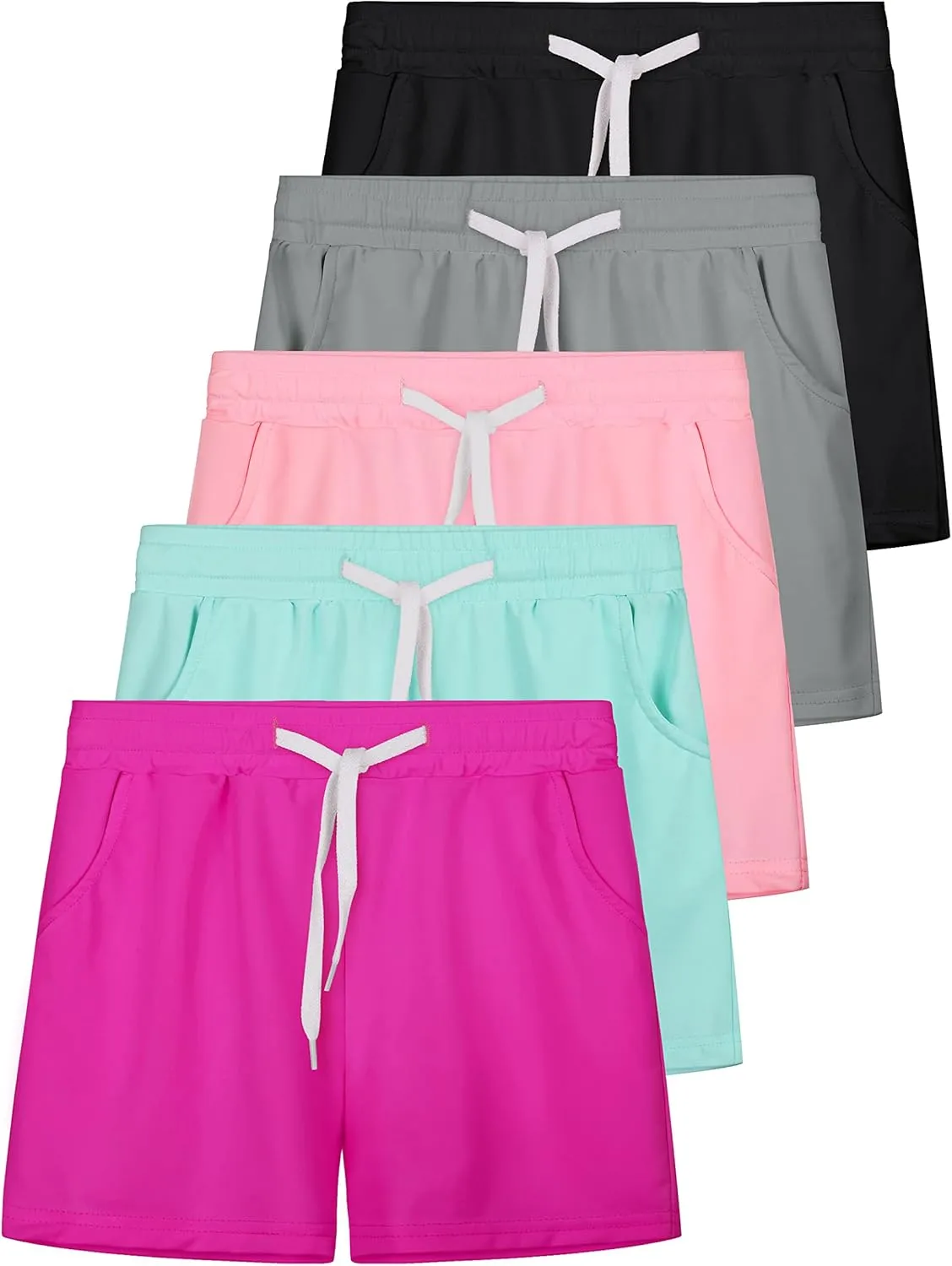 Resinta 5 Pack Youth Girls Quick Dry Active Shorts Athletic Shorts Running Shorts with Drawstring Pocket for Gym Workout Yoga