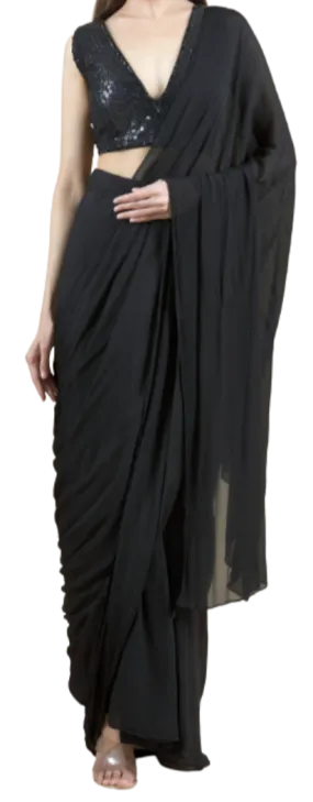 Sequined Pre-Draped Black Sari