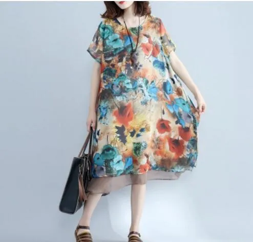 Short Sleeve Floral Chiffon Dress