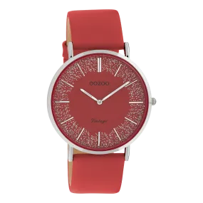 Silver coloured OOZOO watch with red leather strap - C20129