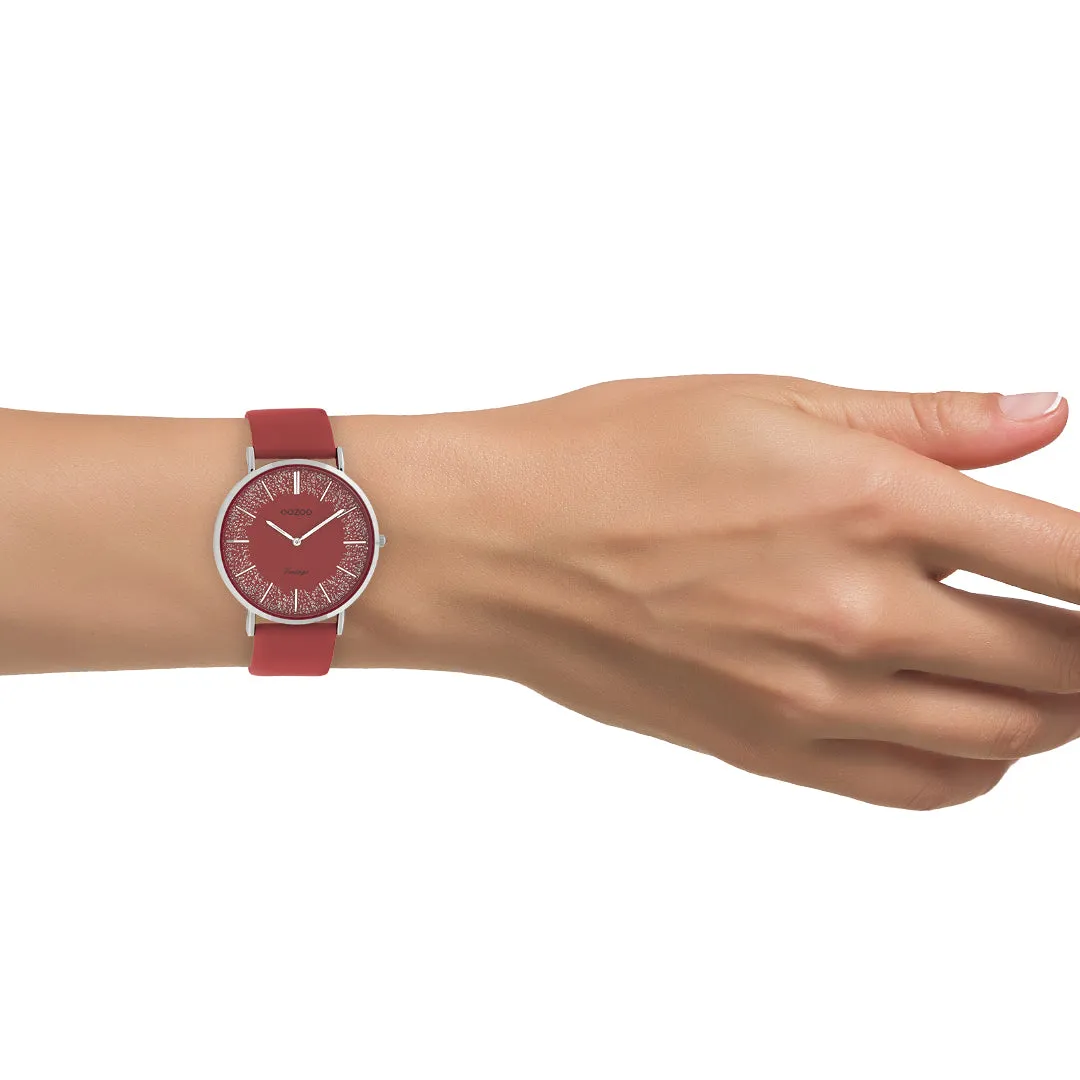 Silver coloured OOZOO watch with red leather strap - C20129