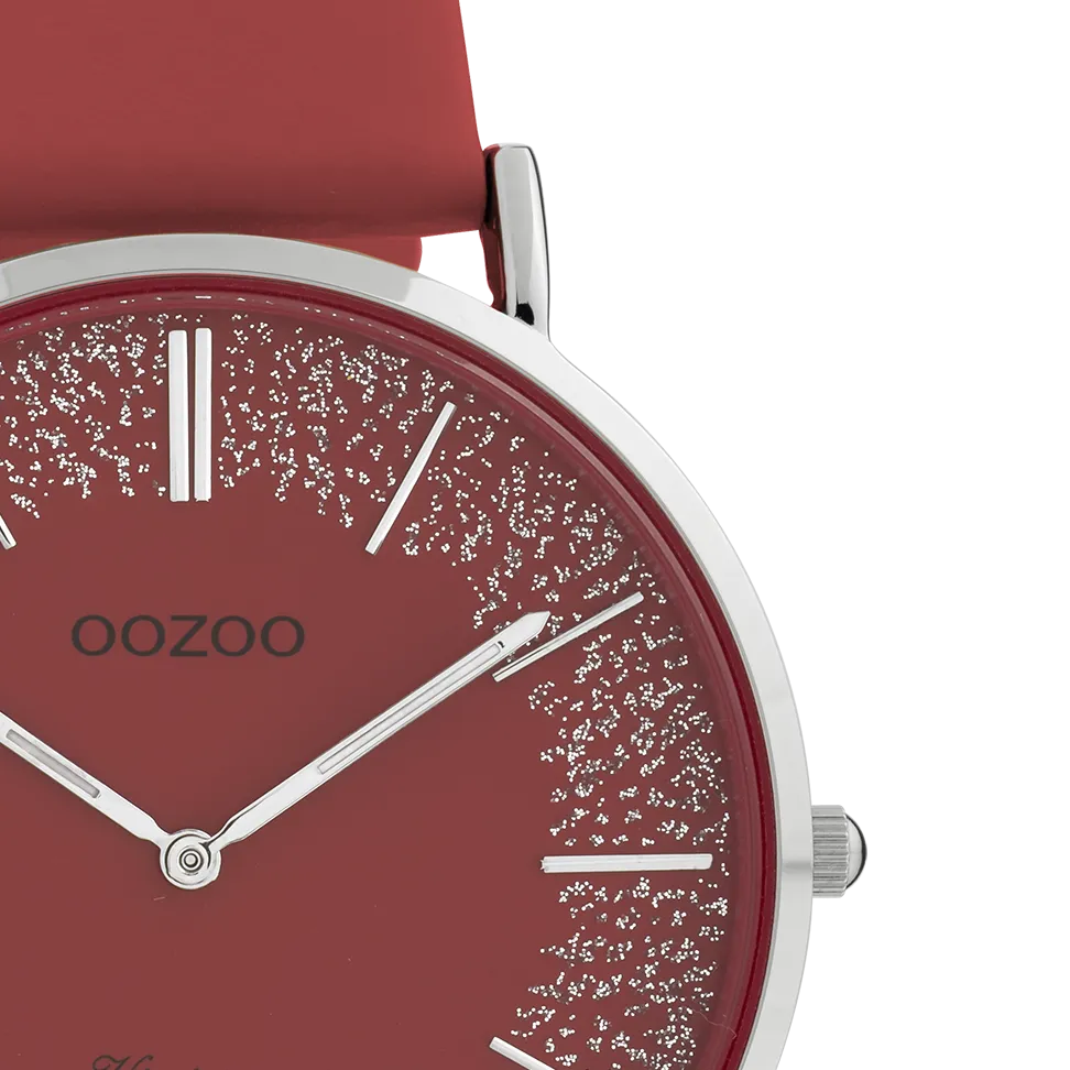 Silver coloured OOZOO watch with red leather strap - C20129