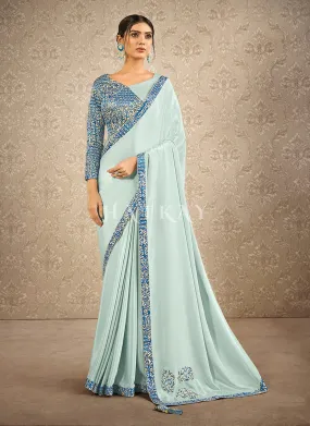 Sky Blue Digital Printed Silk Georgette Saree