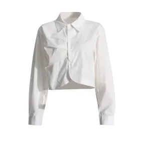 Solid Casual Spliced Folds Shirt For Women Lapel Long Sleeve Patchwork Button Minimalist Shirts Female Style New