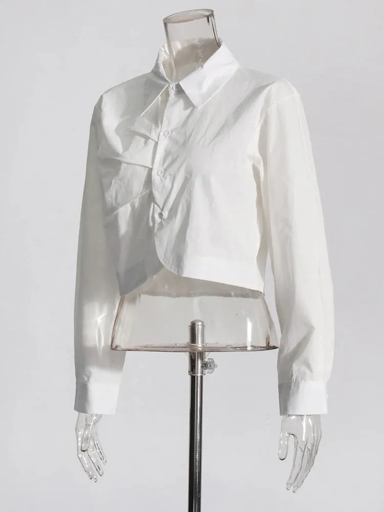 Solid Casual Spliced Folds Shirt For Women Lapel Long Sleeve Patchwork Button Minimalist Shirts Female Style New