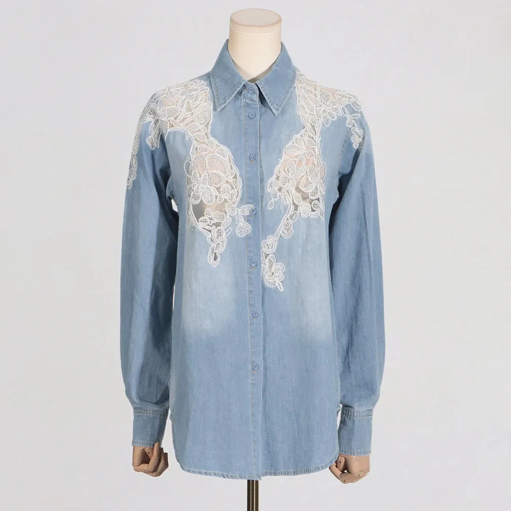 solid hollow out loose blouse for women lapel long sleeve minimalist spliced single breasted lace shirt female fashion