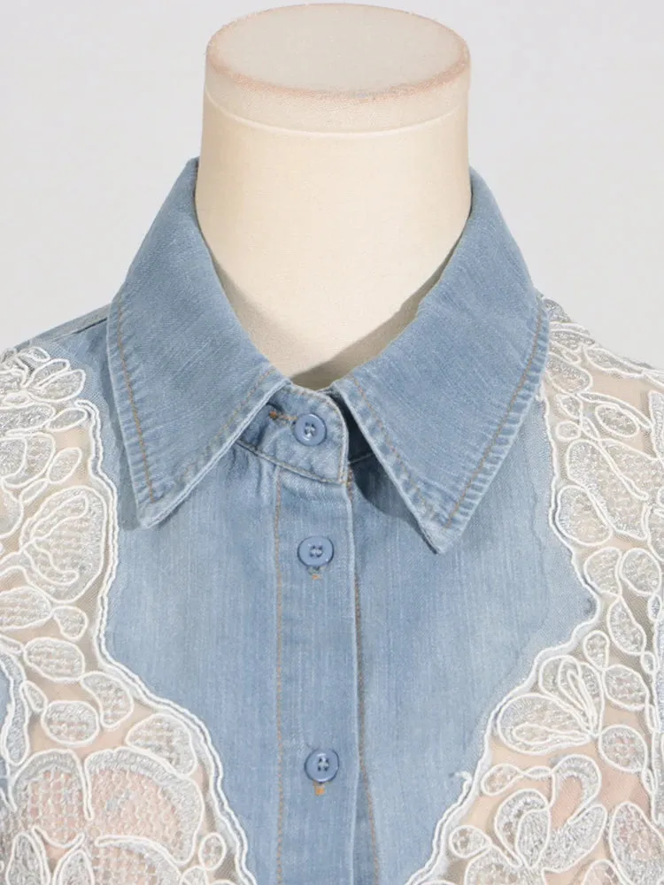 solid hollow out loose blouse for women lapel long sleeve minimalist spliced single breasted lace shirt female fashion