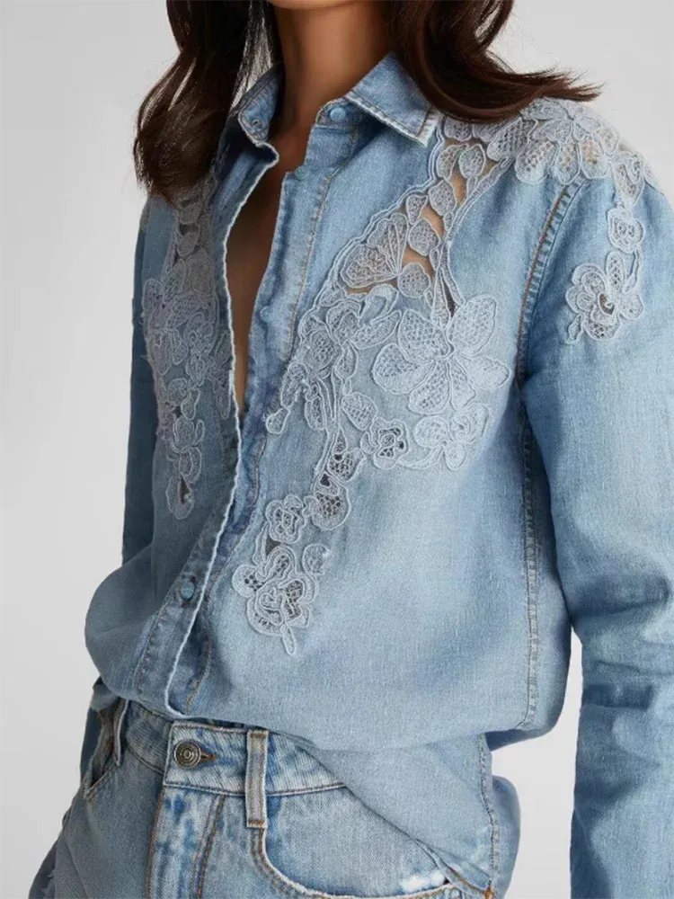 solid hollow out loose blouse for women lapel long sleeve minimalist spliced single breasted lace shirt female fashion