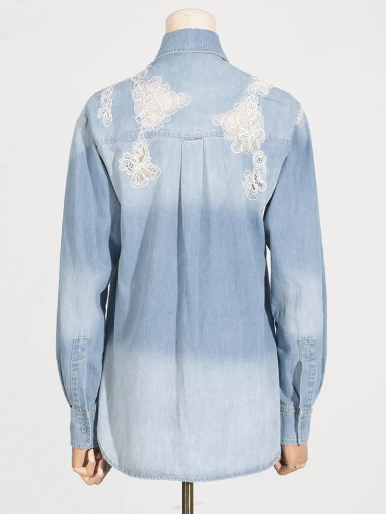 solid hollow out loose blouse for women lapel long sleeve minimalist spliced single breasted lace shirt female fashion