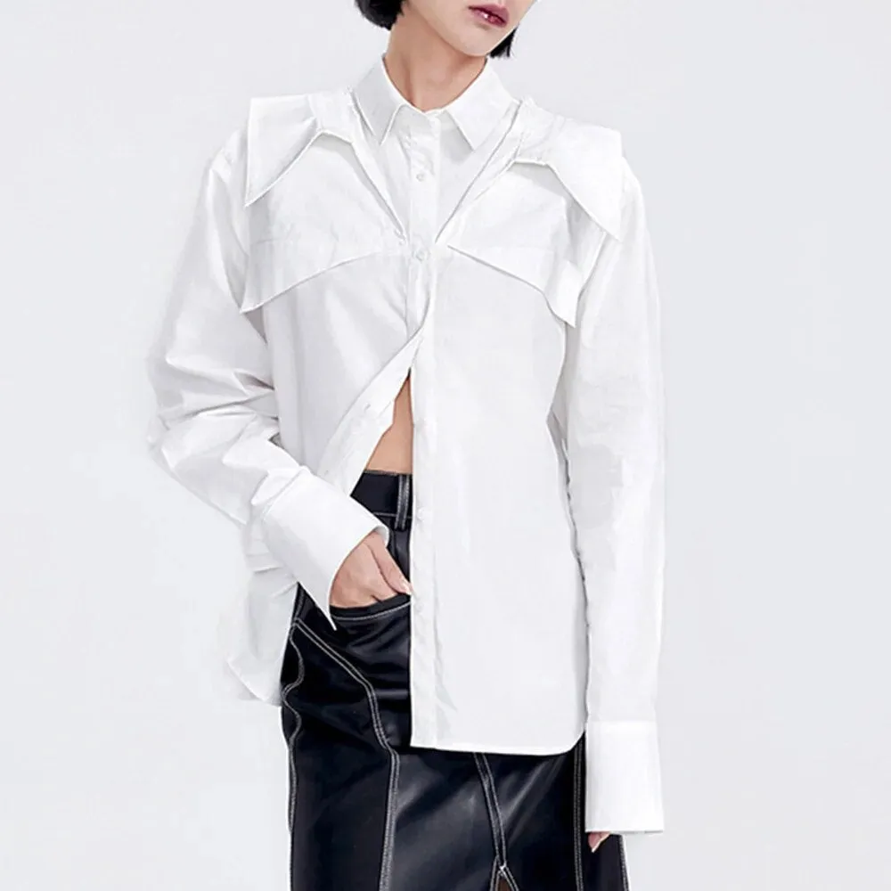 Solid Minimalist Blouses For Women Lapel Long Sleeve Patchwork Single Breasted Casual Shirt Female Fashion Clothing