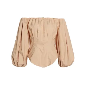 Solid Minimalist Patchwork Button Shirts For Women Slash Neck Off Shoulder Lantern Sleeve Temperament Slimming Shirt Female