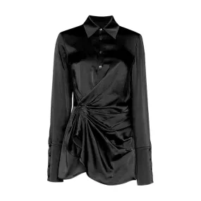 Solid Ruched Shirt For Women Lapel Long Sleeve Lace Up Bowknot Minimalist Blouse Female Fashion Clothing
