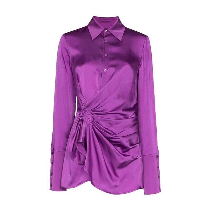 Solid Ruched Shirt For Women Lapel Long Sleeve Lace Up Bowknot Minimalist Blouse Female Fashion Clothing