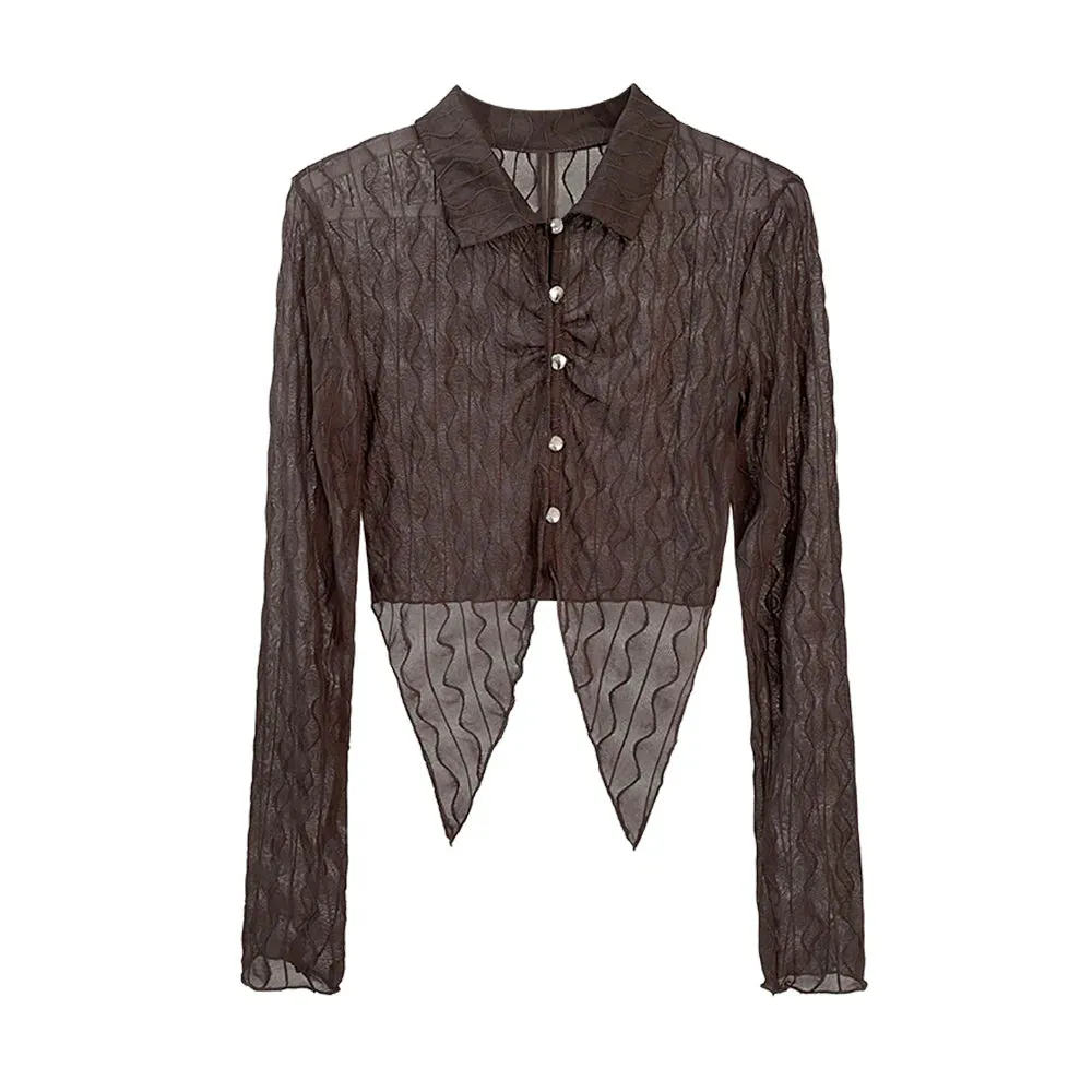Streetwear Slim Shirt For Women Lapel Long Sleeve Solid Ruched Minimalist Irregular Hem Blouses Female Clothing
