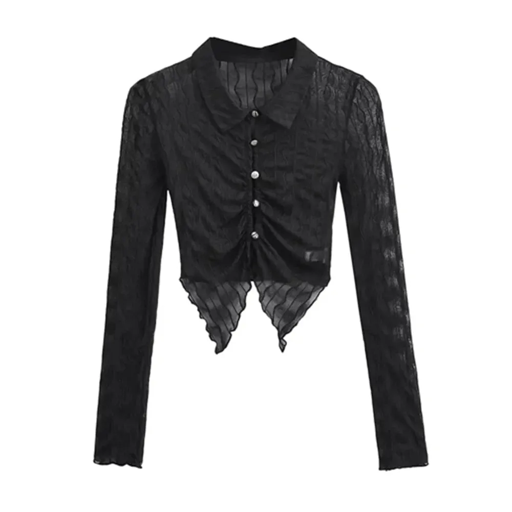 Streetwear Slim Shirt For Women Lapel Long Sleeve Solid Ruched Minimalist Irregular Hem Blouses Female Clothing