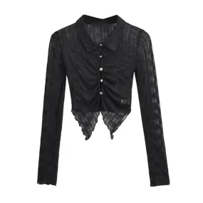 Streetwear Slim Shirt For Women Lapel Long Sleeve Solid Ruched Minimalist Irregular Hem Blouses Female Clothing
