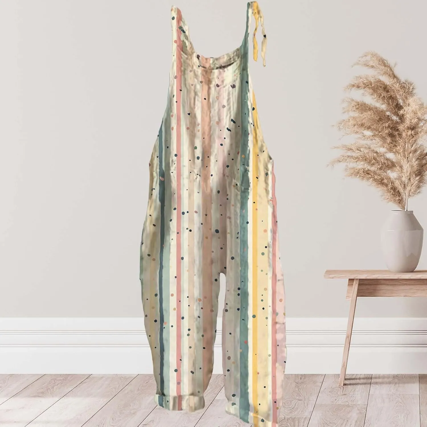 Striped Printed Cotton Linen Jumpsuits For Womens Summer Wide Leg Overall Halter Baggy Comfy Beach Jumpsuits