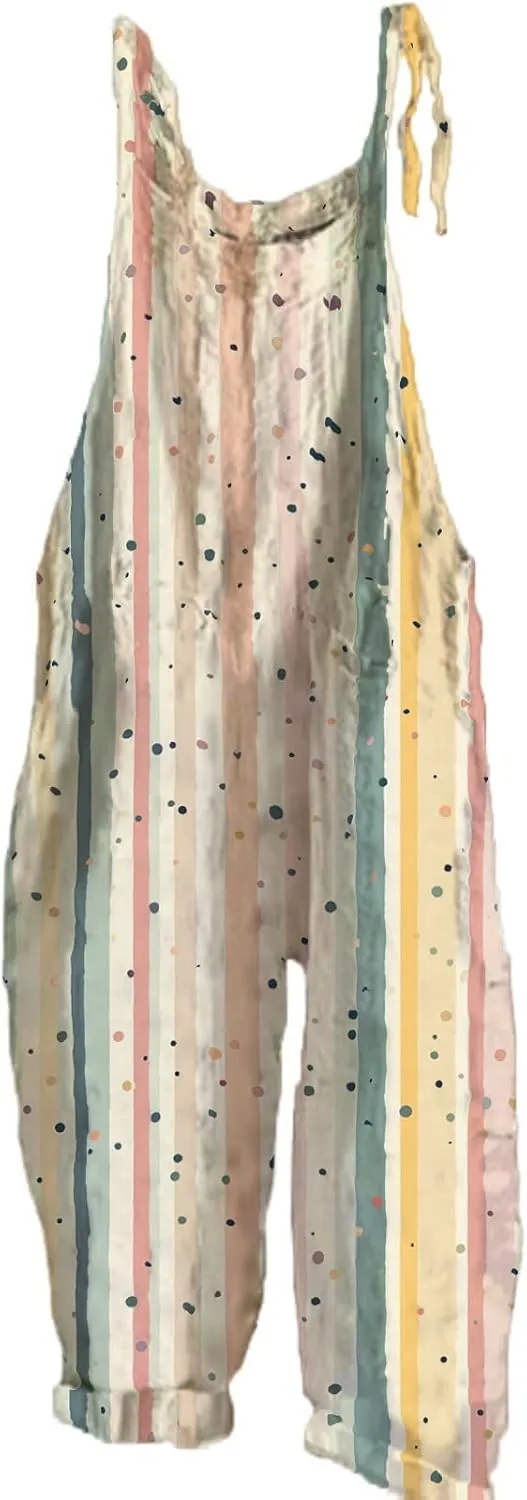 Striped Printed Cotton Linen Jumpsuits For Womens Summer Wide Leg Overall Halter Baggy Comfy Beach Jumpsuits