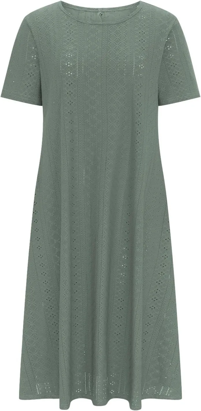 Summer Dress for Women Crochet Eyelets Pleated Beach Dresses Loose Short Sleeve Casual Tiered Midi Pocket Dress