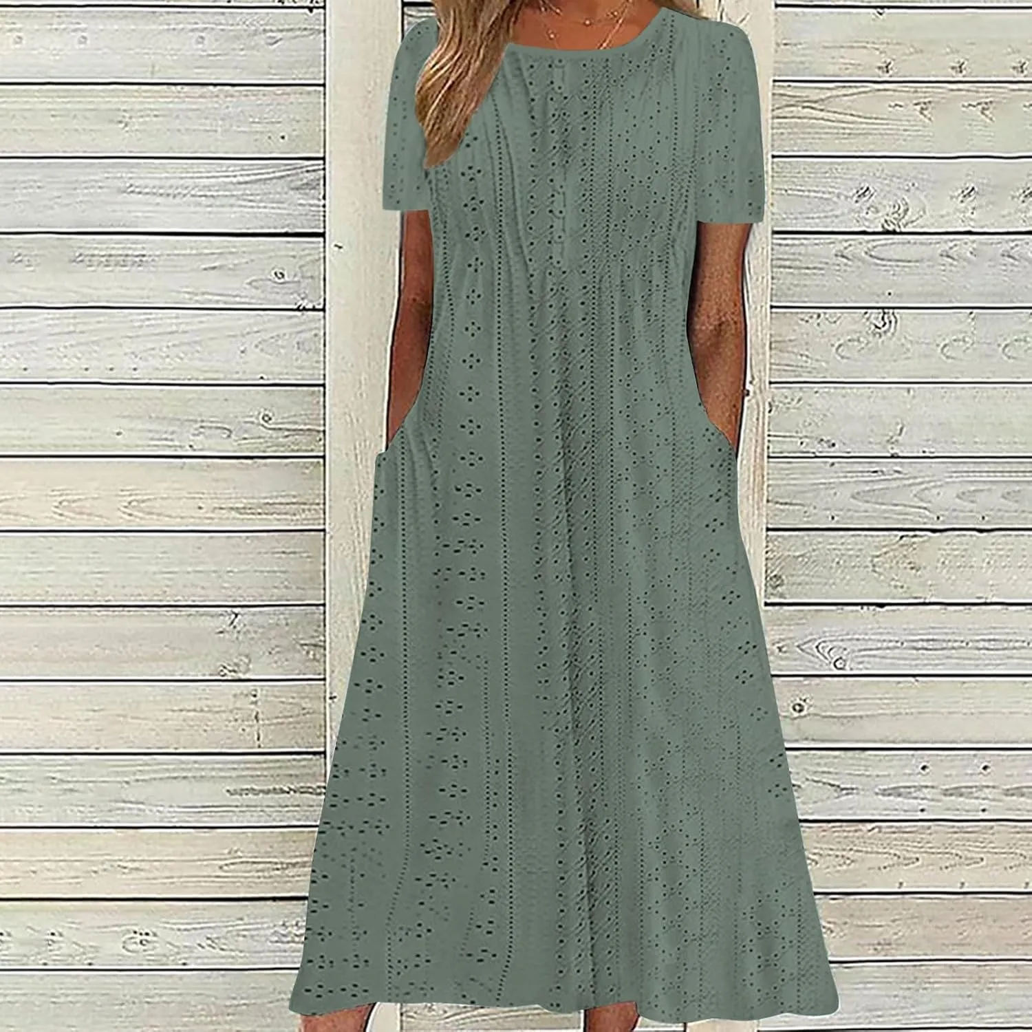 Summer Dress for Women Crochet Eyelets Pleated Beach Dresses Loose Short Sleeve Casual Tiered Midi Pocket Dress