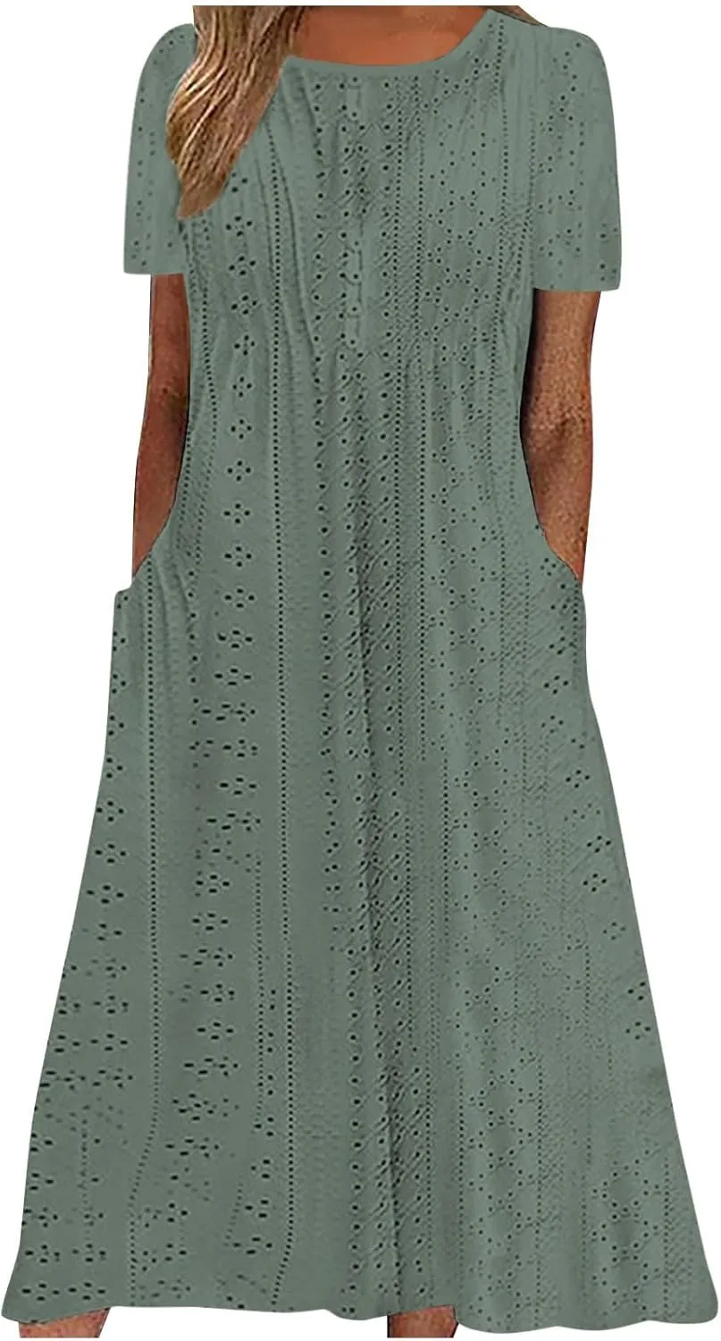 Summer Dress for Women Crochet Eyelets Pleated Beach Dresses Loose Short Sleeve Casual Tiered Midi Pocket Dress