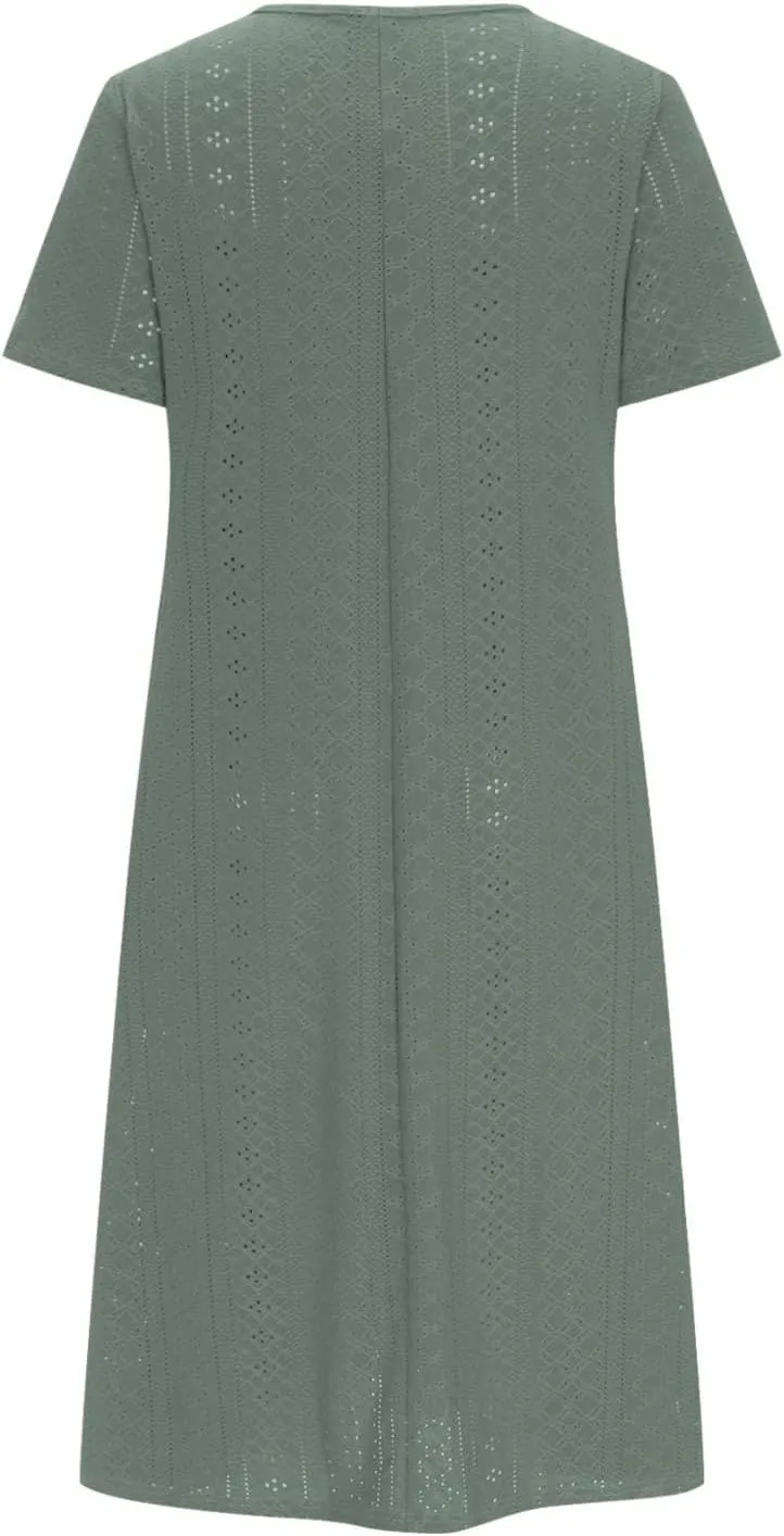 Summer Dress for Women Crochet Eyelets Pleated Beach Dresses Loose Short Sleeve Casual Tiered Midi Pocket Dress
