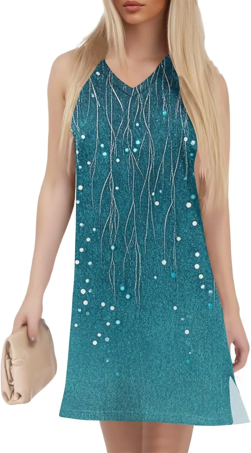 Summer Dresses for Women Casual V Neck Sleeveless Geometric Print Chic Loose Beach Short Shift Dress with Split