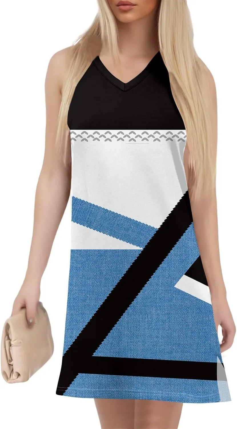 Summer Dresses for Women Casual V Neck Sleeveless Geometric Print Chic Loose Beach Short Shift Dress with Split