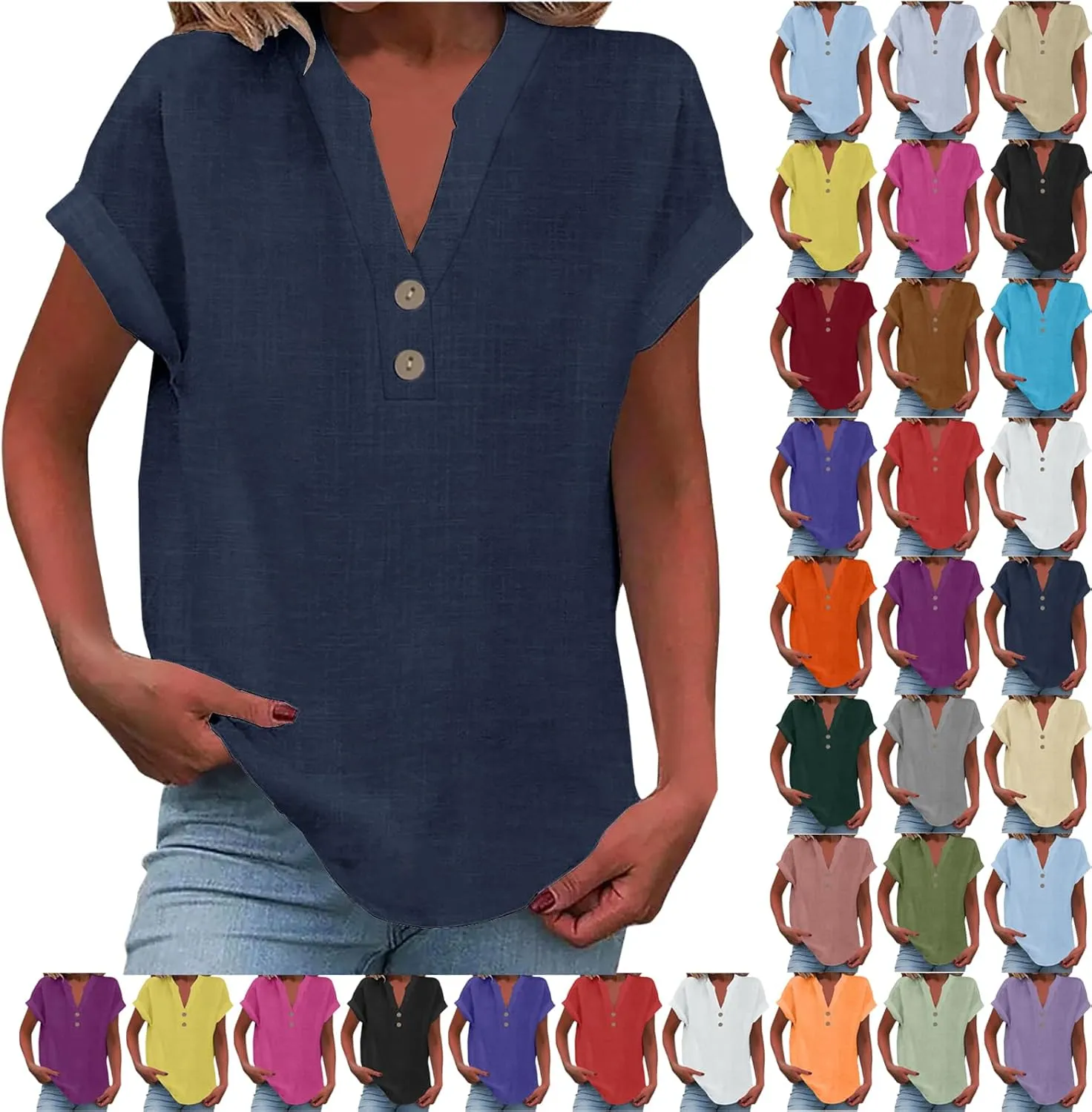 Summer Tops for Women 2025 Vacation Trendy Short Sleeve Cotton Linen Shirts Dressy Casual V Neck Buttons Blouse tees