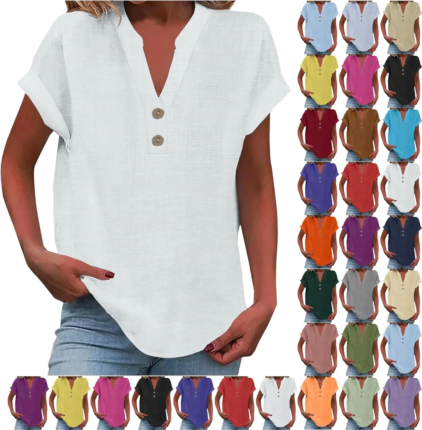 Summer Tops for Women 2025 Vacation Trendy Short Sleeve Cotton Linen Shirts Dressy Casual V Neck Buttons Blouse tees