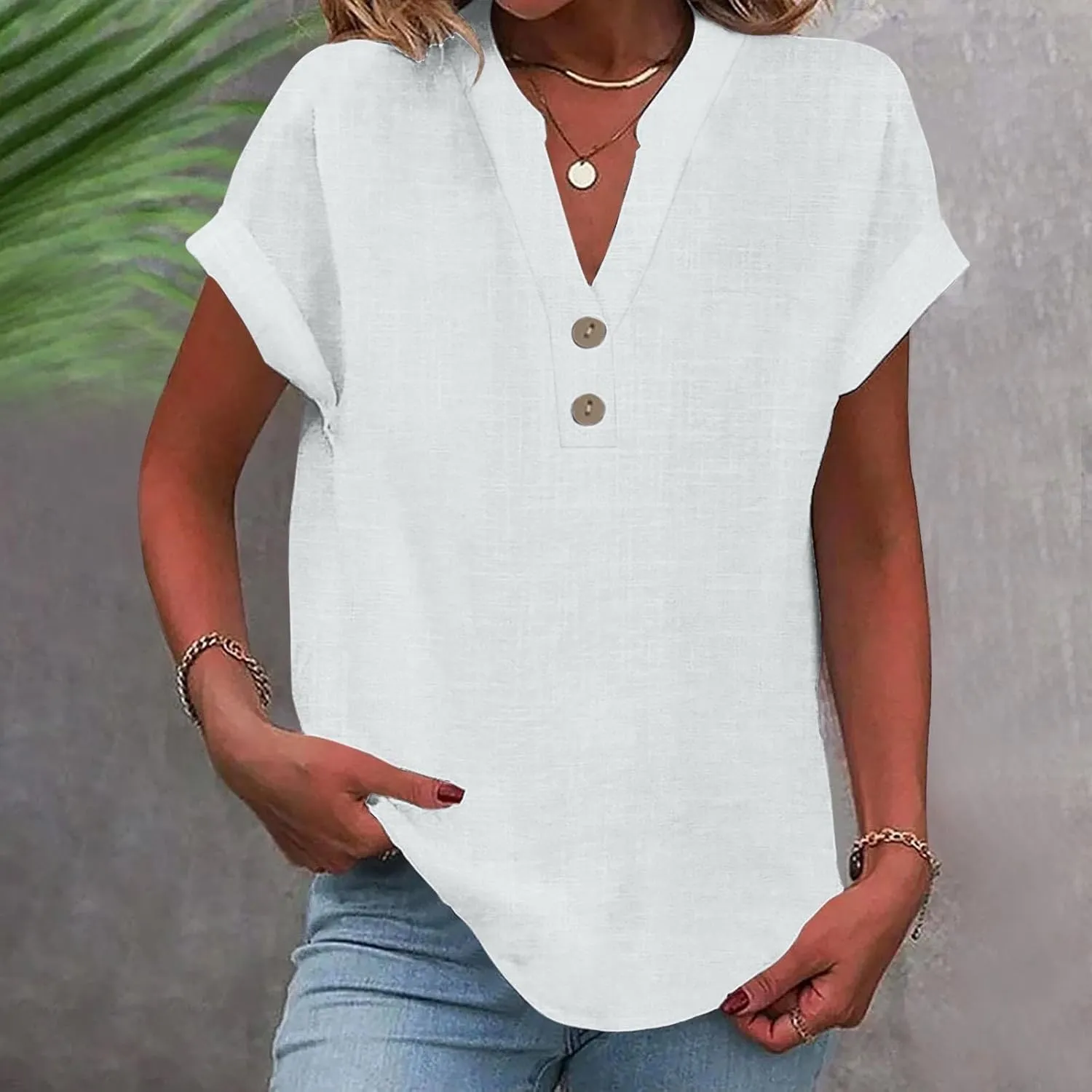 Summer Tops for Women 2025 Vacation Trendy Short Sleeve Cotton Linen Shirts Dressy Casual V Neck Buttons Blouse tees