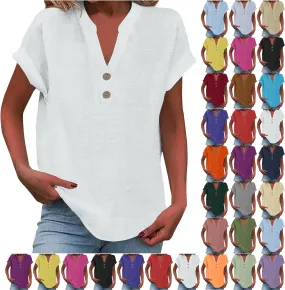 Summer Tops for Women 2025 Vacation Trendy Short Sleeve Cotton Linen Shirts Dressy Casual V Neck Buttons Blouse tees