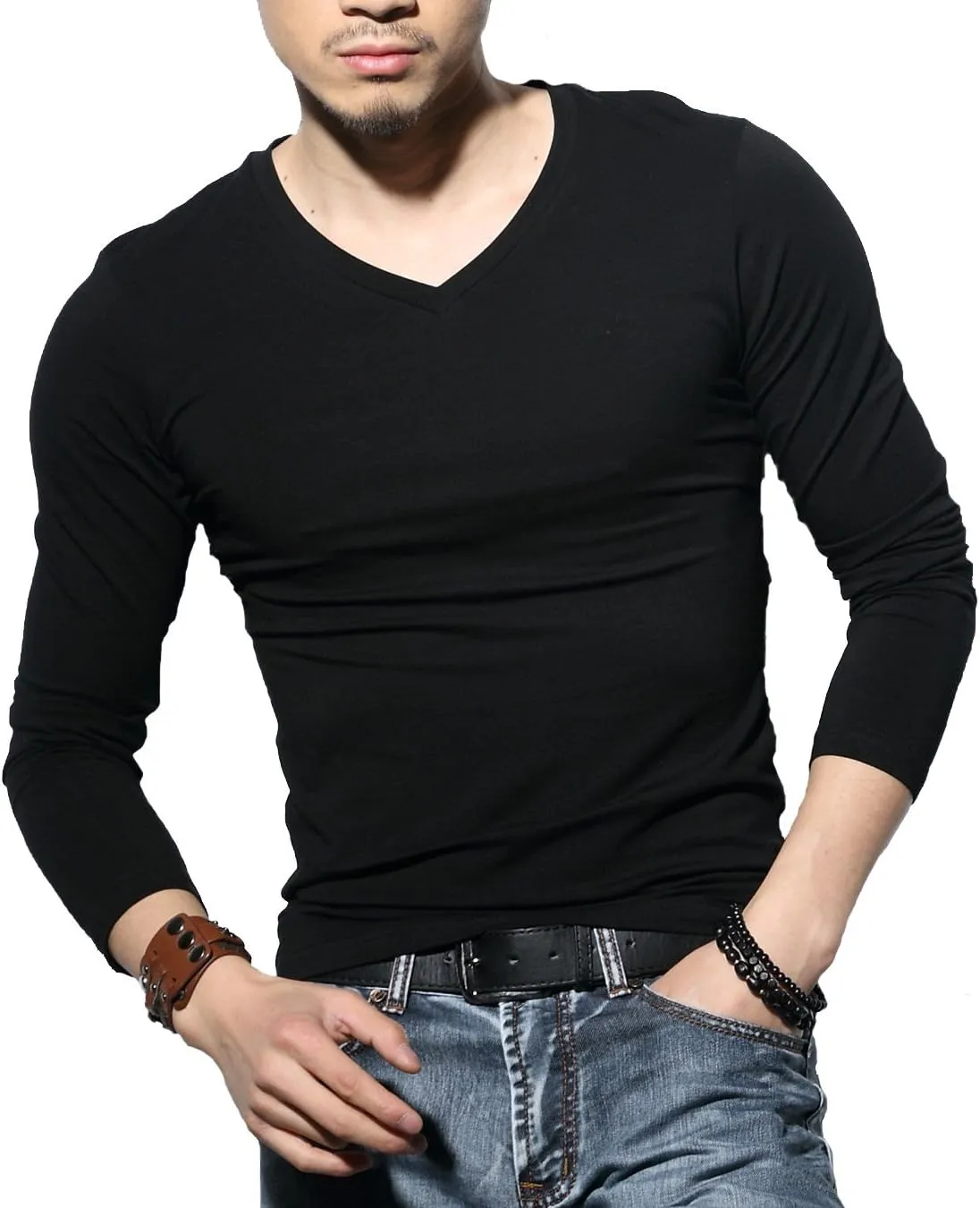 Sunshine Code Men's Seamless V-Neck Slim Fit Long Sleeve T-Shirt Undershirt Base Layer Top for Muscular Build