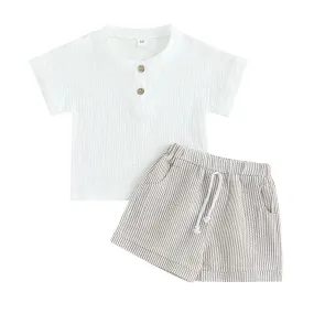 White Linen Striped Toddler Set