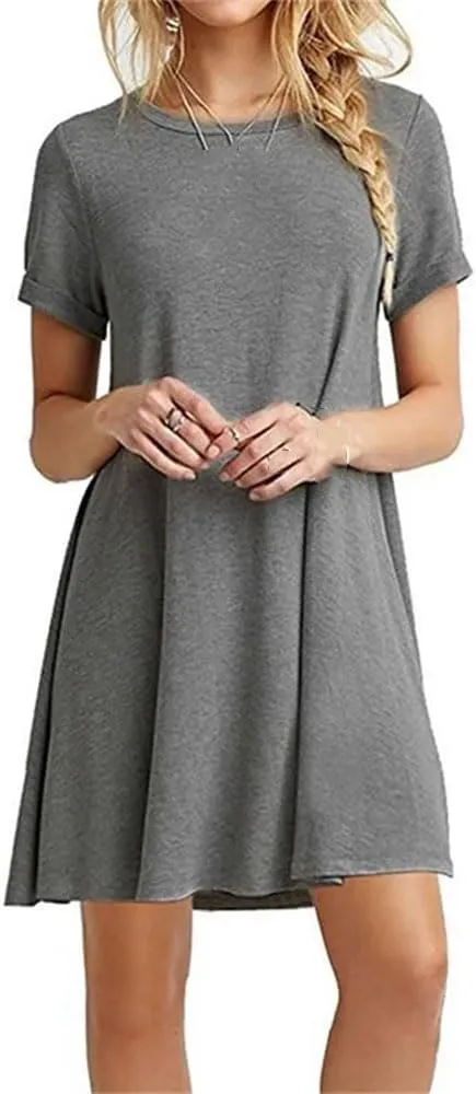 Women Summer Mini Dress Casual Boho Beach Dresses Solid Color O-Neck Short Sleeve Party A-Line Dress
