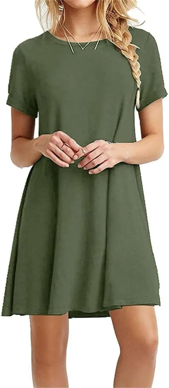 Women Summer Mini Dress Casual Boho Beach Dresses Solid Color O-Neck Short Sleeve Party A-Line Dress
