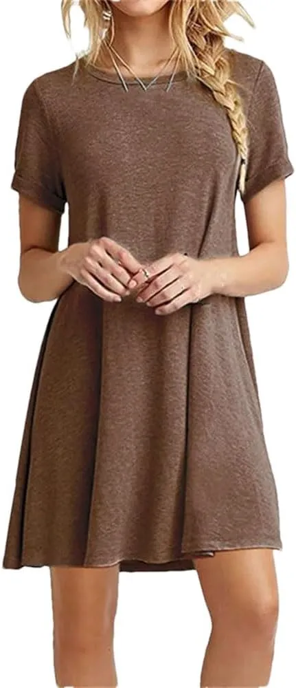 Women Summer Mini Dress Casual Boho Beach Dresses Solid Color O-Neck Short Sleeve Party A-Line Dress