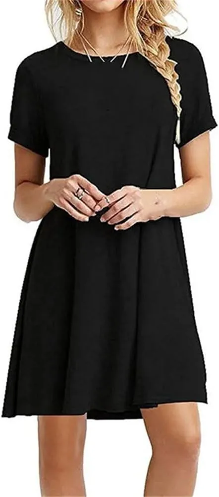 Women Summer Mini Dress Casual Boho Beach Dresses Solid Color O-Neck Short Sleeve Party A-Line Dress