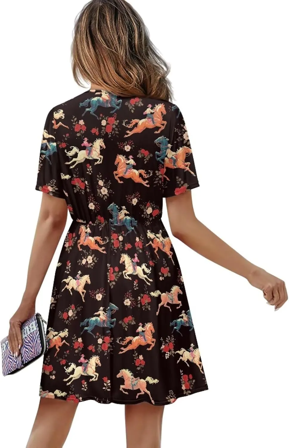 Women's Beach Dresses Casual Flowy V Neck Spring Summer Dress Boho Elastic Waist Mini A-Line Sundress Sexy Cheeky