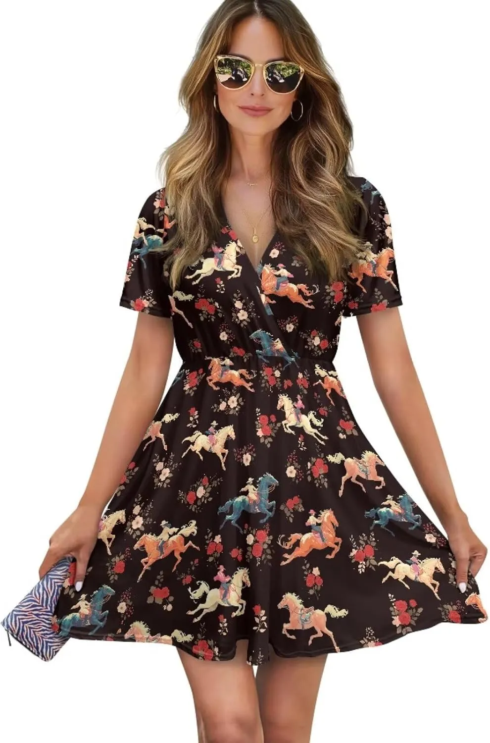 Women's Beach Dresses Casual Flowy V Neck Spring Summer Dress Boho Elastic Waist Mini A-Line Sundress Sexy Cheeky